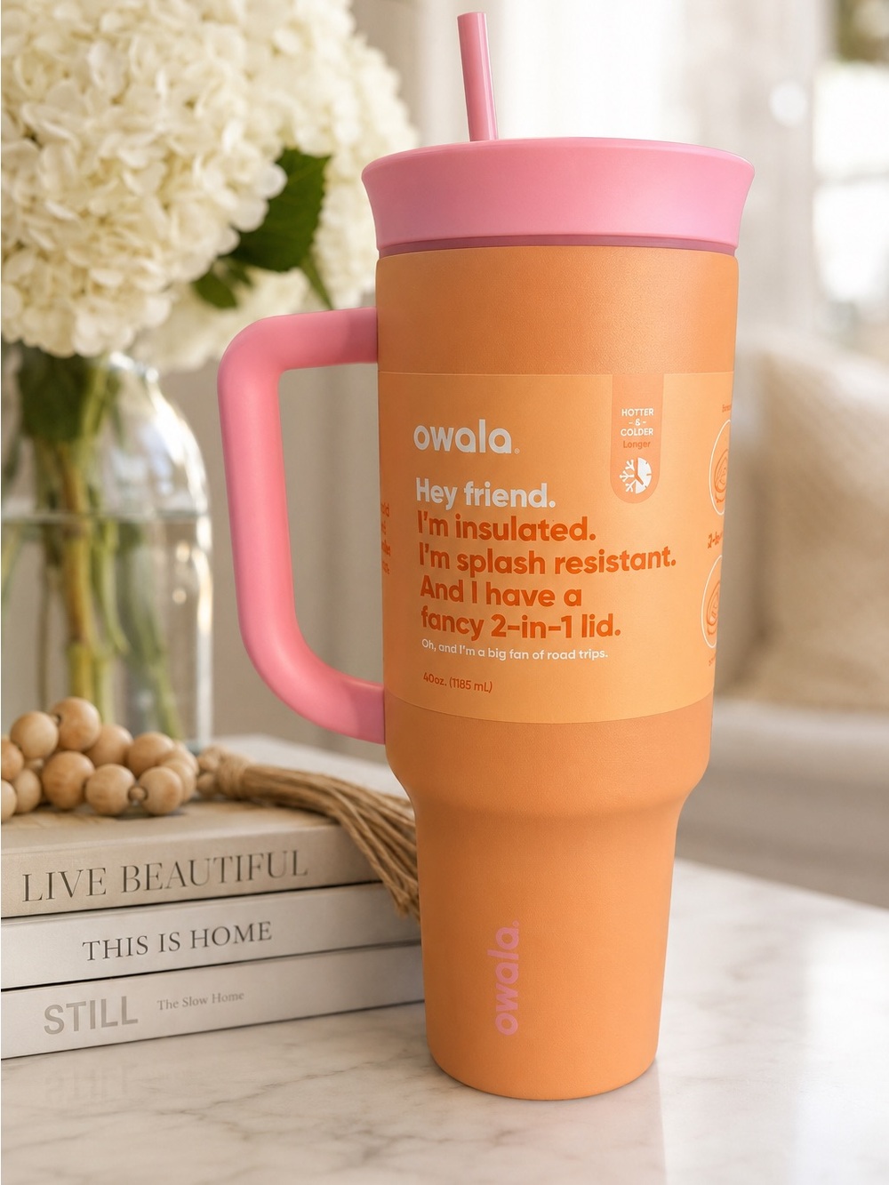 Owala Insulated Orange & Pink Travel Mug with Handle
